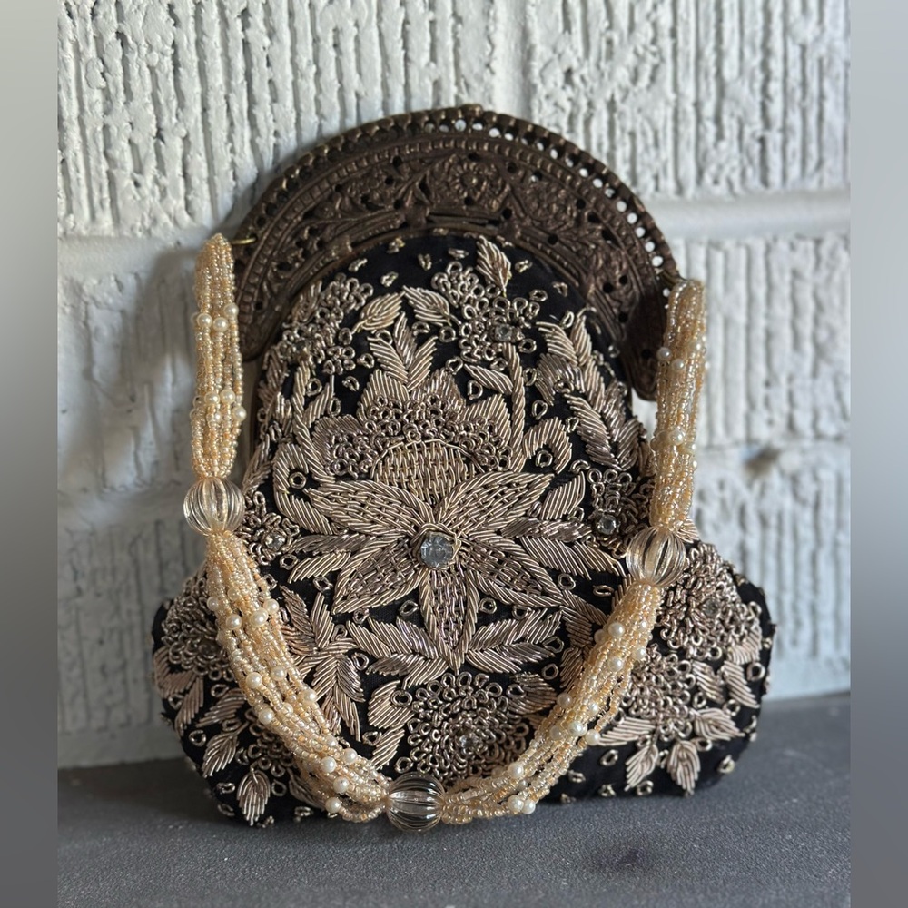 Vintage brass black and champagne Embroidered purse 7”x6”